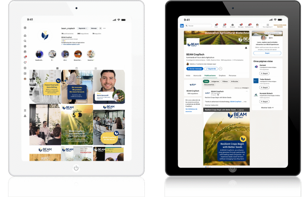 Instagram y linkedin de BEAM CropTech en ipads