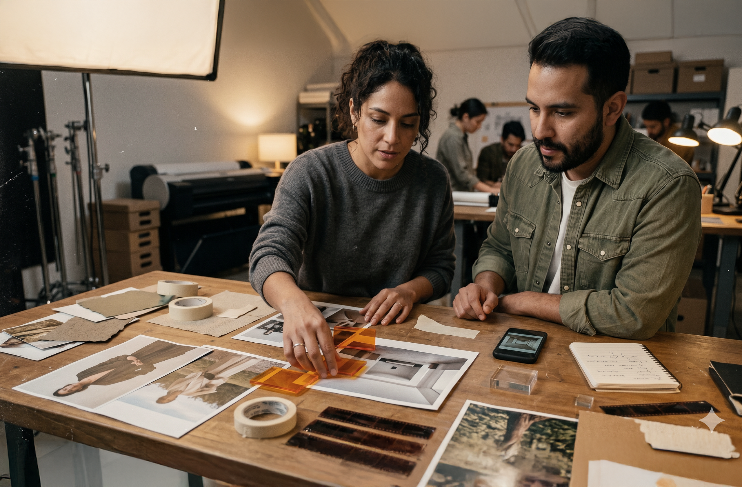 Mesa creativa con materiales artesanales y tecnología avanzada en un entorno cinematográfico que representa la tensión entre inteligencia artificial y creatividad humana.